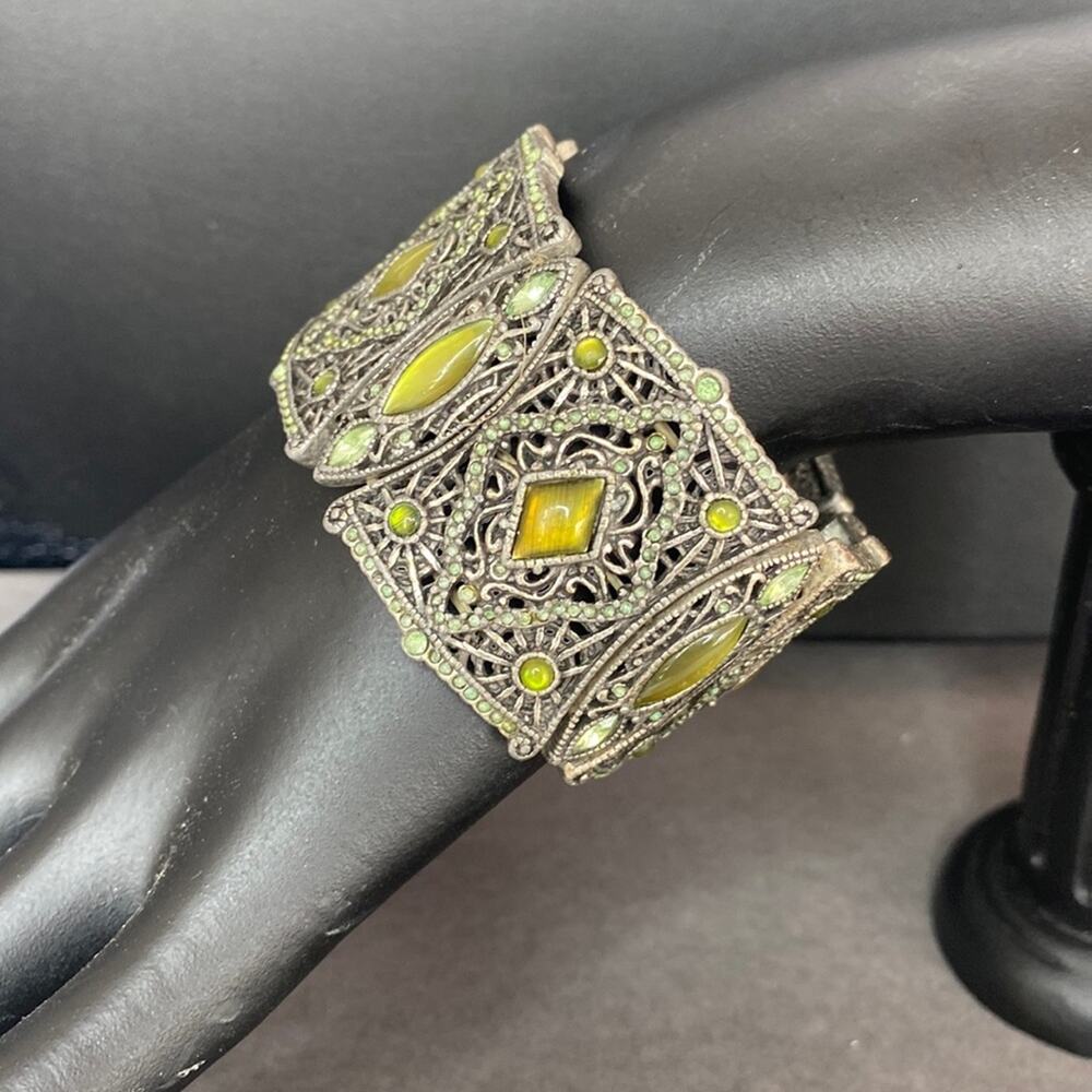 Vintage Silver style  Cuff Bracelet with Lime Green Accents